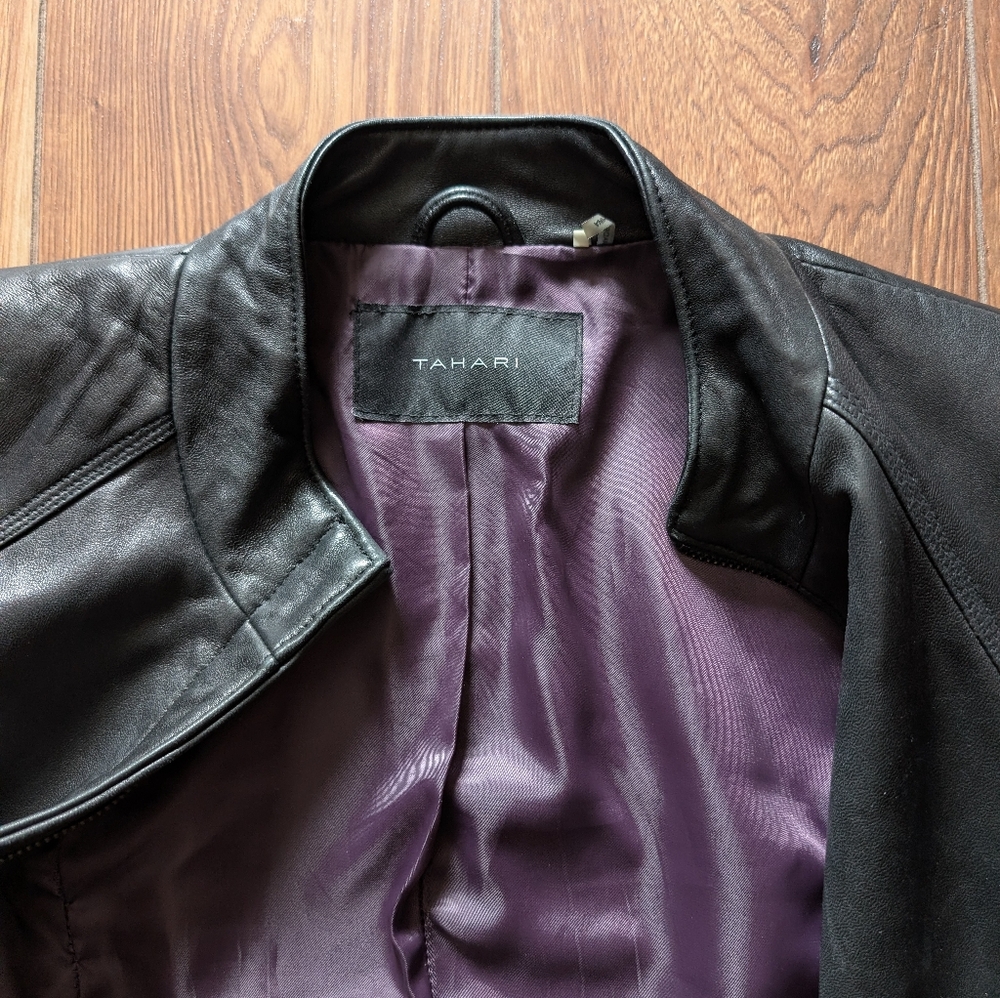 Women's Black Leather Jacket By TAHARI Size S - Picture 3 of 8